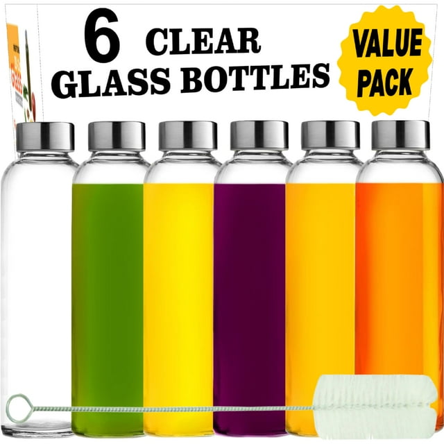 Botellas de agua de vidrio Brieftons, transparentes, 18 oz, 500 ml, paquete de 6 con tapas