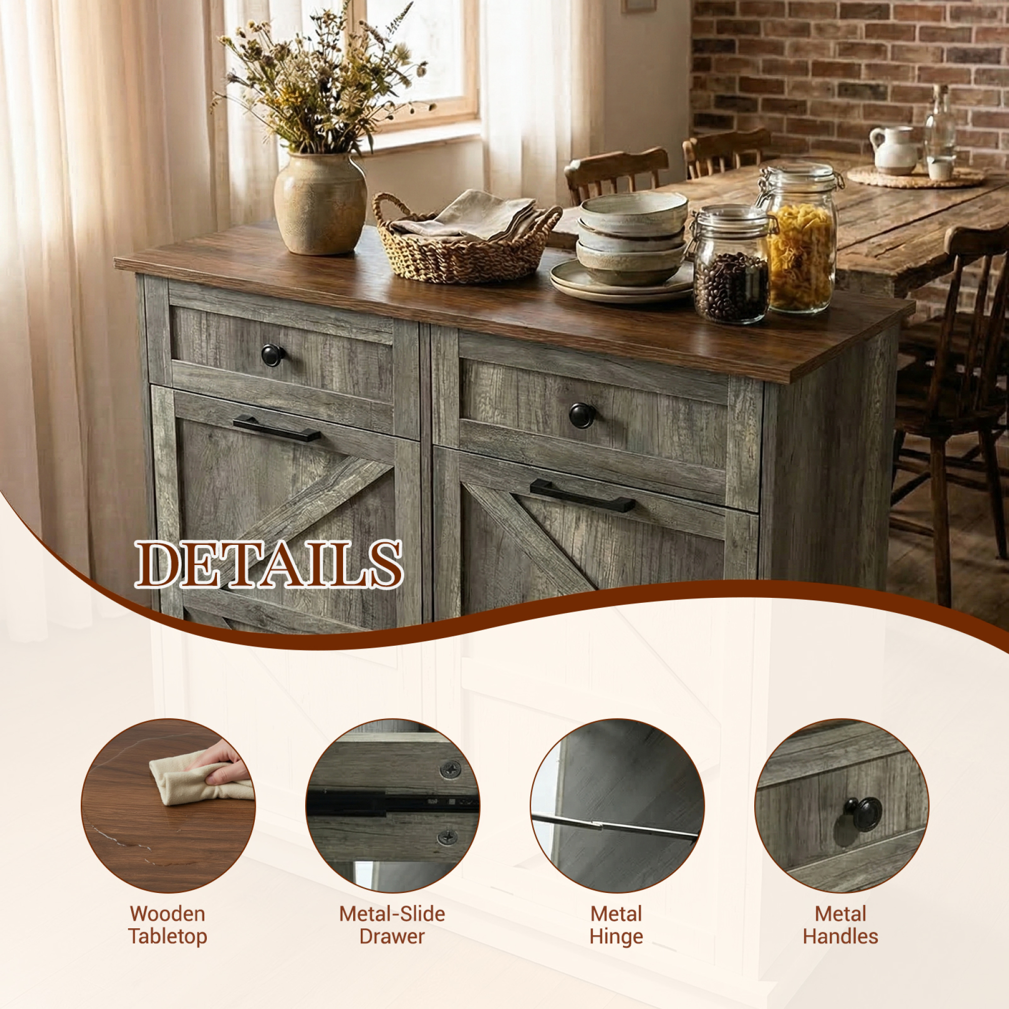 HOQBN Tilt Out Trash Can Cabinet, Farmhouse Wooden Double 10-Gallon Hidden Garbage Bin with Drawer, Dog Proof Storage Cabinet for Kitchen, Laundry and Living Room Grey+Brown