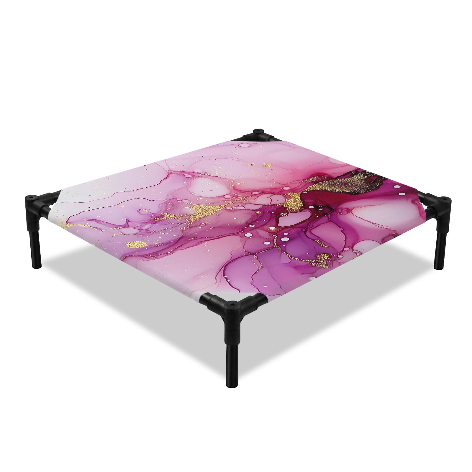 Pink Marble Elevated Dog Bed Golden Waves Abstract Art Cooling Breathable Outdoor Raised Dog Cot Bed with Metal Frame Non-Slip Feet for Small Dog 20x20in