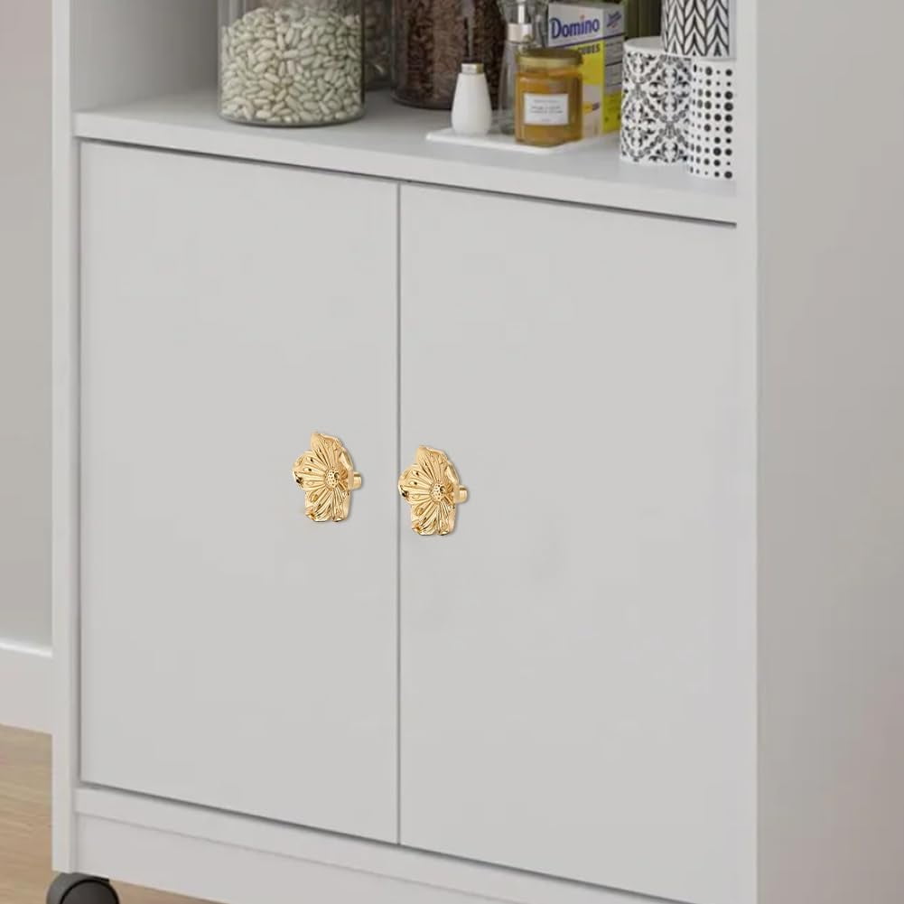 4pcs Flower Shape Brass Cabinet Knobs Gold Brushed Drawer Knobs Dressers Pulls Cabinet Hardware Handles Creative Petal Kitchen Knobs for Drawer Bathroom Closet Wardrobe Dresser Cabinet Brown
