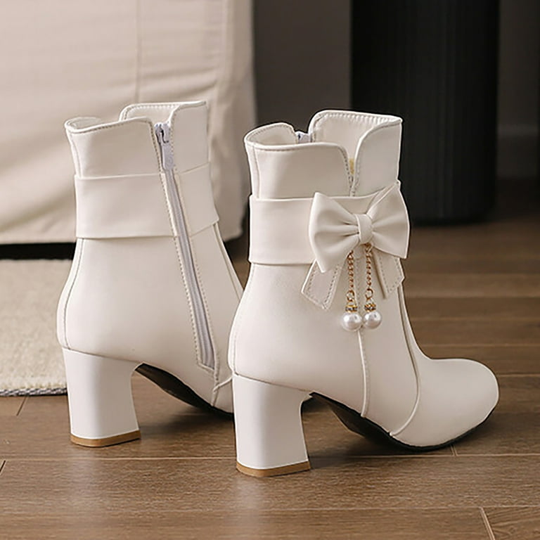 Aayomet Womens Boots Ankle New Korean Bow Short Boots Female College Style Cute Female Ankle Boots White 9