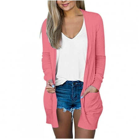 asdoklhq Winter Coats for Women, Lightning Deals of Today Prime Women's Color Long Sleeve Casual Tops Blouse with Pocket Cardigan,Pink XL