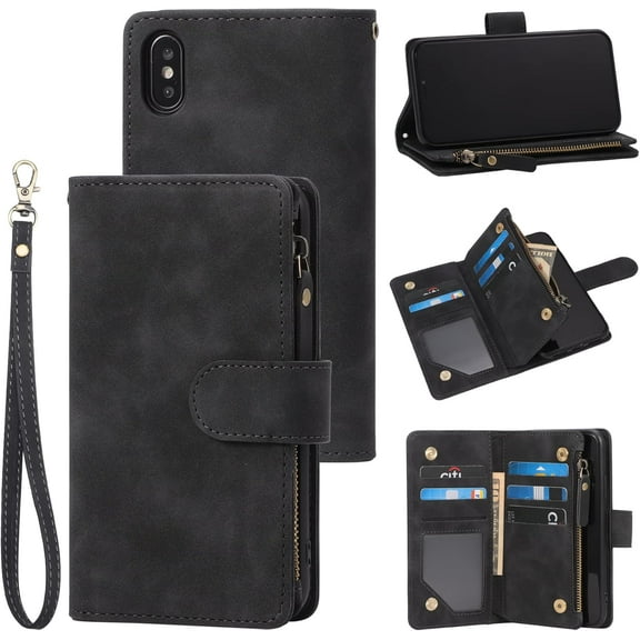 Wallet Case Compatible with iPhone Xs Max (6.5 inches), Premium PU Leather Zipper Flip Folio RFID Blocking Wallet with Wrist Strap Kickstand Protective Phone Case for XS Max (Black)