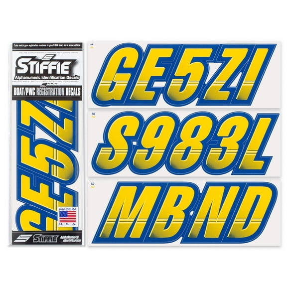 STIFFIE Techtron Yellow/Navy 3" Alpha-Numeric Identification Custom Kit Registration Numbers & Letters Marine Stickers Decals for Boats & Personal Watercraft PWC