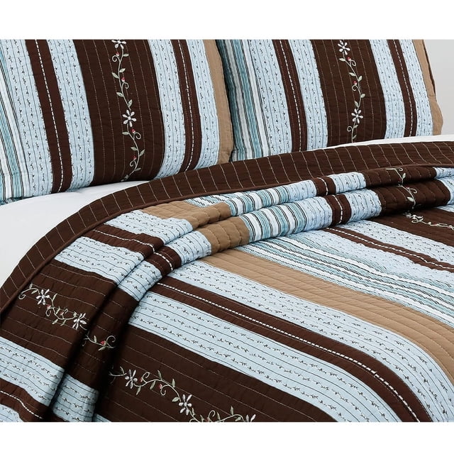 Comforter Set Queen Size 3-Piece Coverlet Set for Night Sleep Bedding Quilt with Green Yellow Blue Plaid Striped Real Patchwork