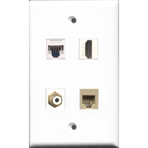 RiteAV - 1 Port HDMI and 1 Port RCA White and 1 Port Phone RJ11 RJ12 Beige and 1 Port Cat5e Ethernet White Wall Plate