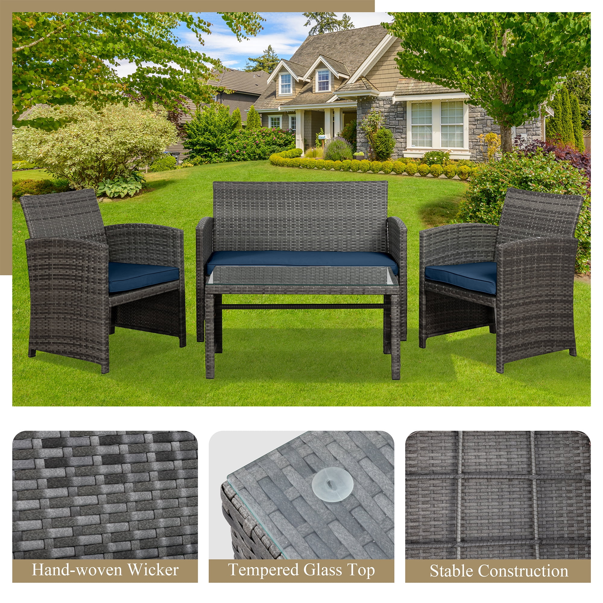 Walsunny 4-Piece Patio Rattan Furniture Set with Cushions & Tempered Glass Tabletop, Dark Blue
