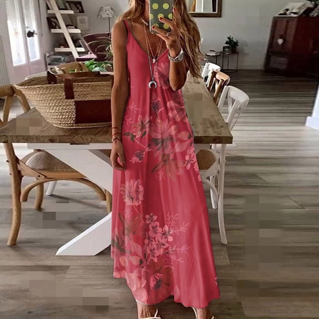 SMihono Robe Maxi Bohème d'Été pour Femmes Grande Taille Mode d'Été Imprimée Col en V Sans Manches Bretelles Robe Pull Robe de Plage