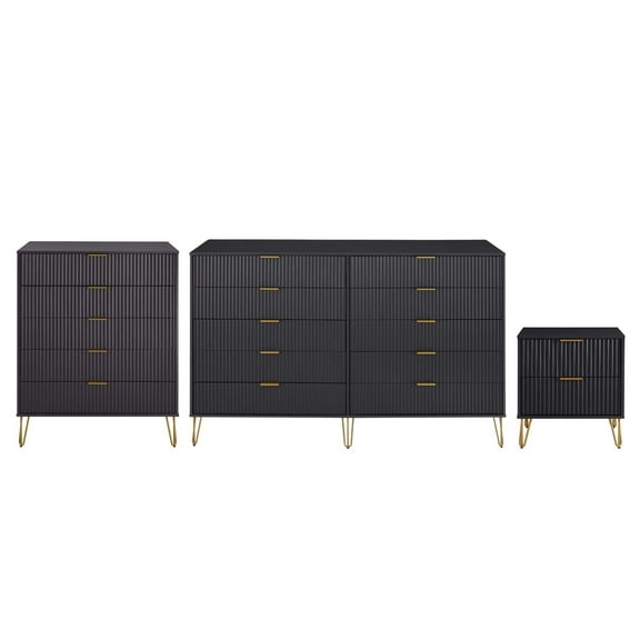 Manhattan Comfort 3-Piece DUMBO Nightstand, 5-Drawer Tall Dresser, and 10-Drawer Double Tall Dresser with 17 Dresser - Full Extension, Nightstand - Full Extension Drawers in Black
