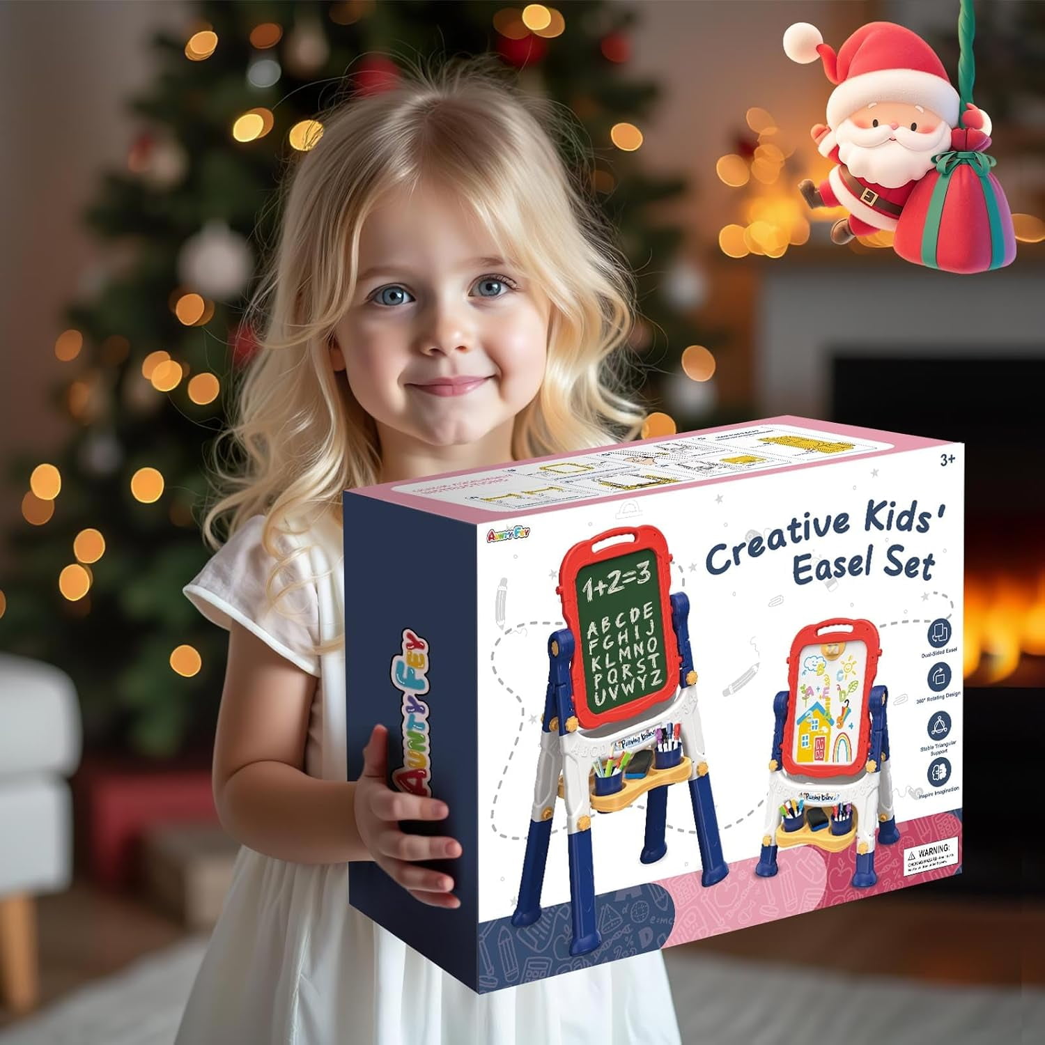 AuntyFey Art Easel for Kids, Adjustable Double-Sided with Chalk Board & Magnetic Whiteboard for Toddlers, Blue & Red