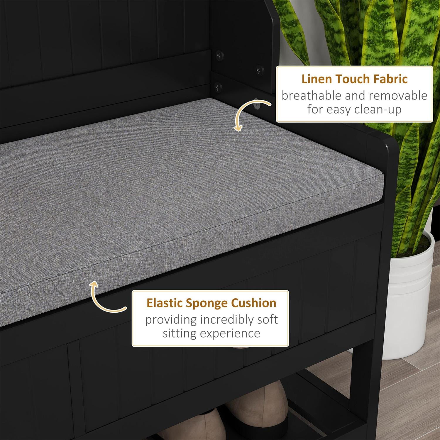 Demi Bonn 67" Hall Tree Bench with Coat Rack and Shoe Storage for Entryway and Mudroom, Padded Seat and Multi-Functional Storage for Hallway, Black