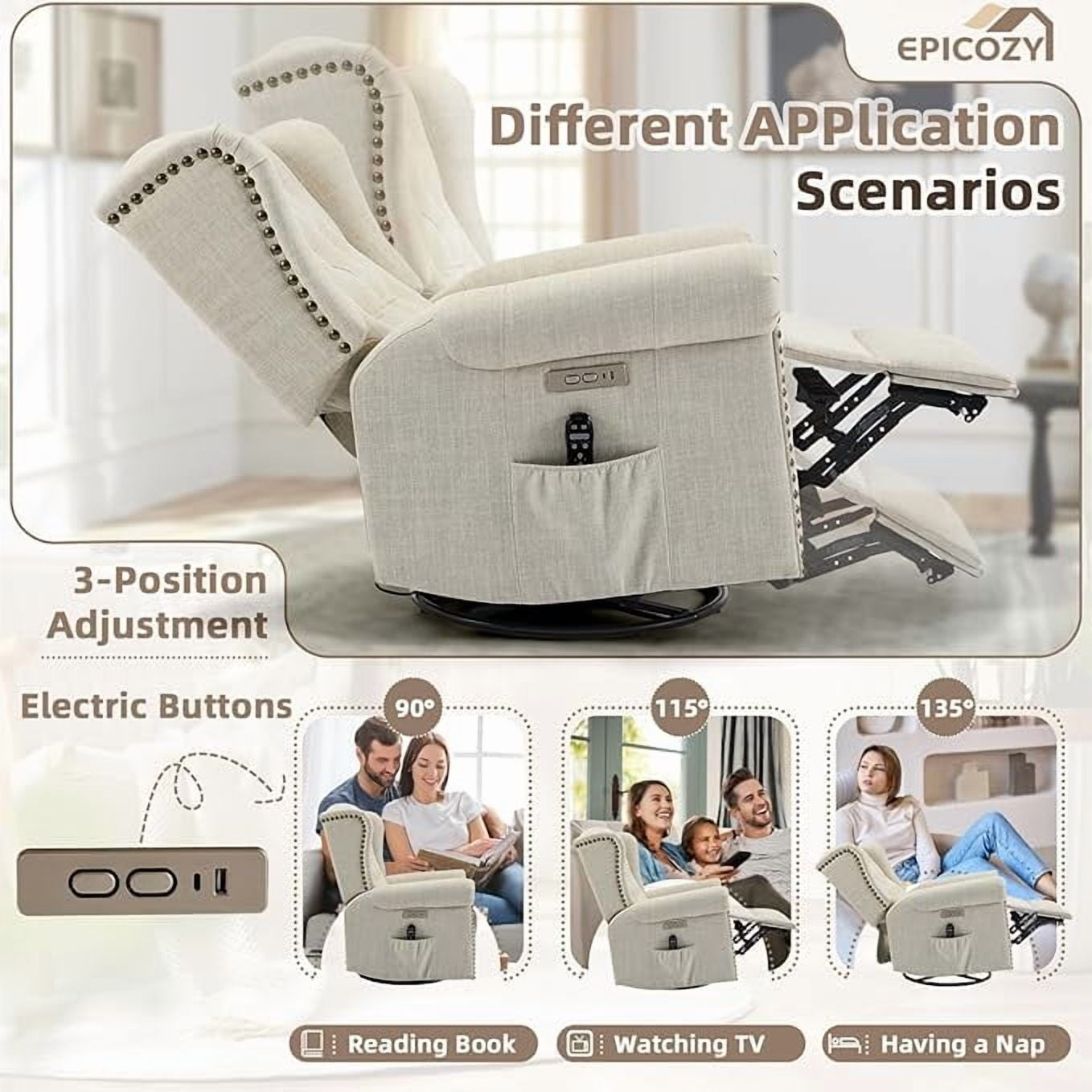 EPICOZY Power Swivel Rocking Glider Recliner Chair with Massage and Heat, Electric Nursery Glider Rocker for Living Room, Wingback Tufted Upholstered Recliner Chair with Type-C & USB Ports, Beige