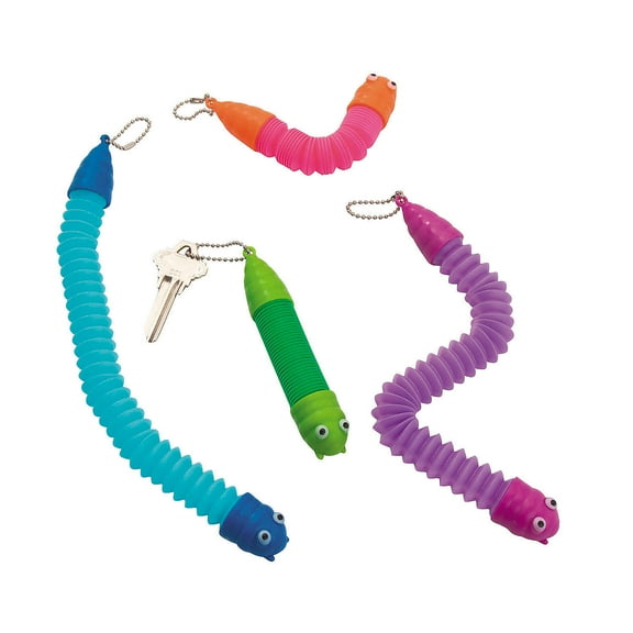 Fun Express 4" Caterpillar Multicolor Plastic Expanding Tube Fidget Toy Keychains - 12 Pieces