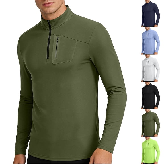 Men's Long Sleeve Athletic Shirts 1/4 Pullover Zip Quick Dry Sun Protection Rash Guard UPF 50  Outdoor Running T-Shirts with Zipper Pocket Big and Tall Size 4XL Gray