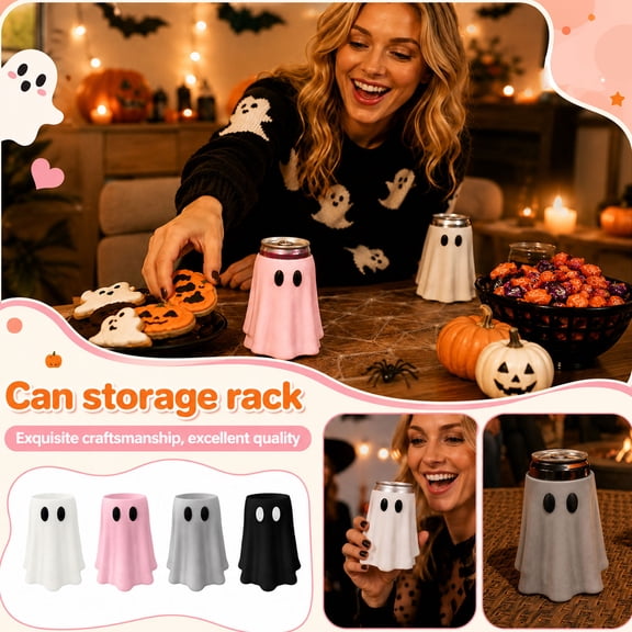 Yujia Halloween Ghost Can Holder, Funny Ghost Figurine Table Decor, Replaceable Jar Stand for Beverage, Festive Cute Holiday Ornament for Party Kitchen Desk Home Decorations, Black