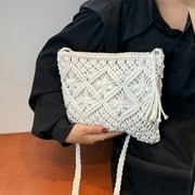 Women Crochet Shoulder Bag, Knitting Handmade Weaving Handbag, Simple Hollow Beach Bag,White