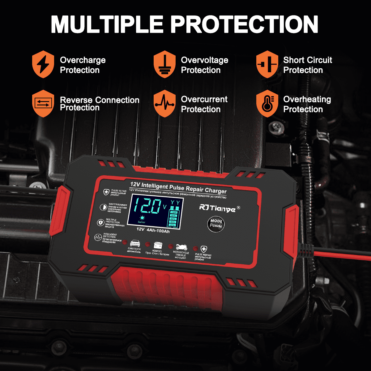Automatic Battery Charger, 12V/6Amp Battery Maintainer, GPED Smart Car Trickle Charger with Temperature Compensation Auto Stop for Car Truck Motorcycle Lawn Mower Boat Marine Lead Acid Batteries,Red