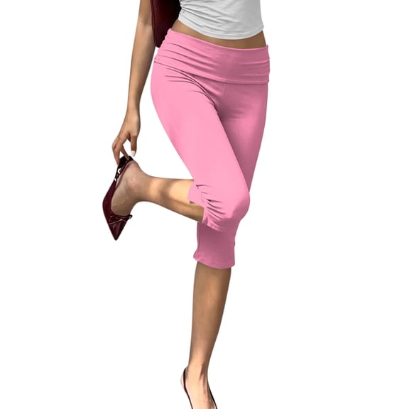 Women's Capri Leggings with Fold-over Waistband, Sexy Slim Fit Yoga Pants, Stretchy Ruched Workout Trousers for Gym and Running