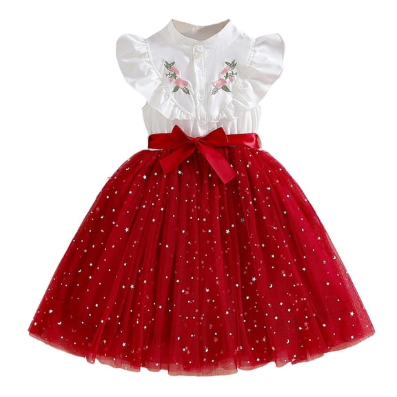 Girls Red Party Dress Sparkly Tulle Flower Girl Dress with Embroidery & Star Print Princess Birthday Dress for Kids 3-10 Years,Size 7 T