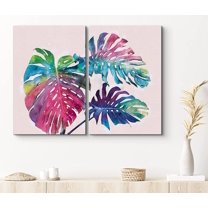 PixonSign Canvas Print Wall Art Set Rainbow Monstera Leaf and Palm Leaf Duo Botanical Wilderness Illustrations Modern Art Glam Colorful Multicolor Ultra for Living Room, Bedroom, Office - 16"x24"x2