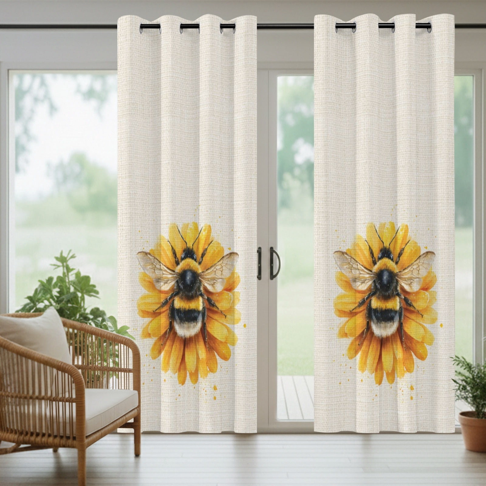 Yellow Flower Outdoor Curtains for Patio, Summer Bee Farmhouse Vintage Daisy Sunshade Privacy Drapes Grommet Waterproof Outside Curtains for Porch/Cabana/Balcony 54"x 108", 1 Panel