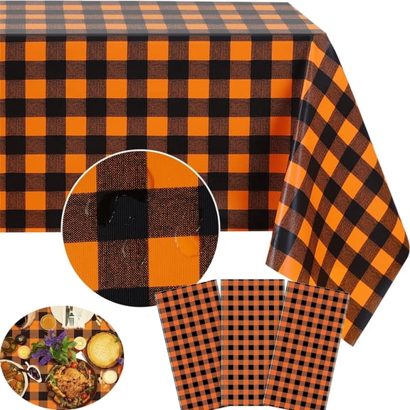 3 Pcs Orange and Black Gingham Plastic Fall Tablecloth Tutuviw 54x108in Disposable Table Cover Backdrop Classic Checkered Table Cover for Christmas Thanksgiving Baby Shower Party Supplies Decorations