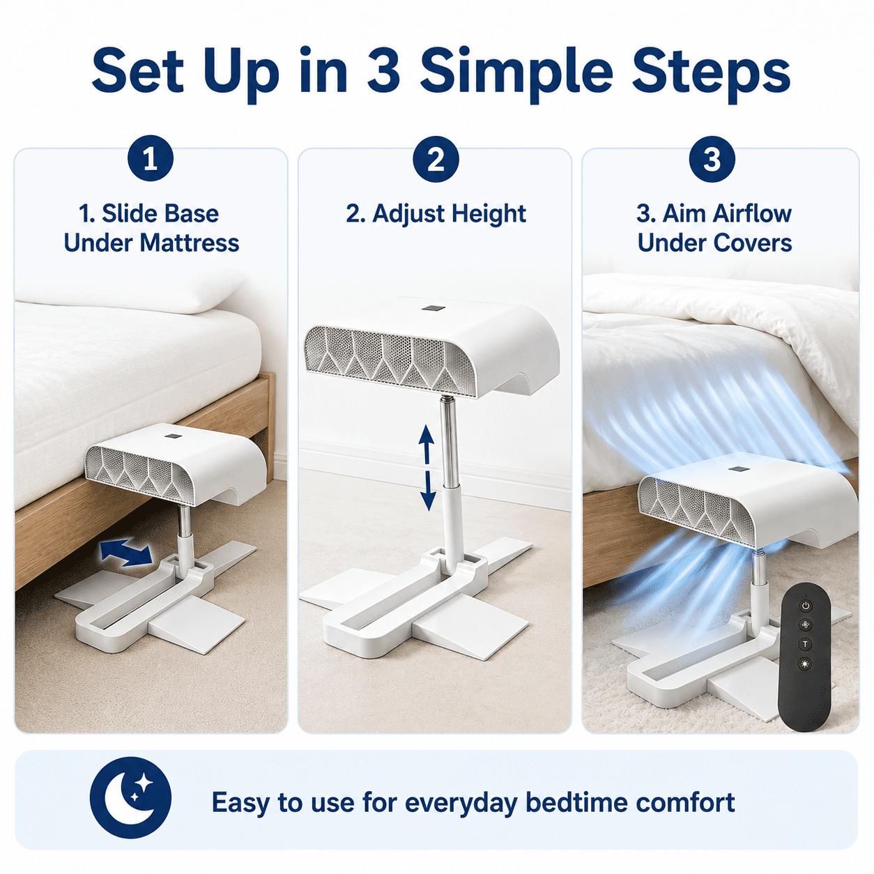 Breezel for Hot Sleepers, Bed Cooling Fan, Cordless Under Blanket Air Fan with Remote Control, 5-Speed Rechargeable Bedside Cooling Fan, Adjustable Height Stand, Type-C Charging, Quiet Airflow