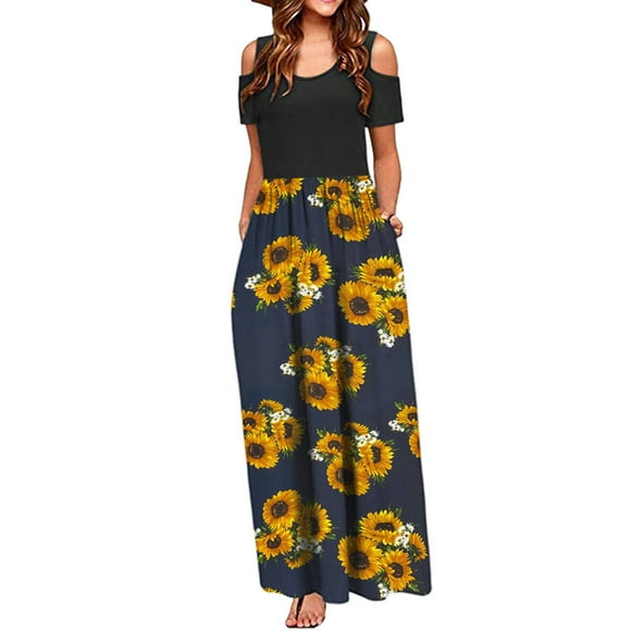 TJAZFJPA Black Wrap Dress Women Summer Cold Shoulder Floral Print Elegant Maxi Long Dress Pocket Dress Black Maternity Dress Bridal Dress