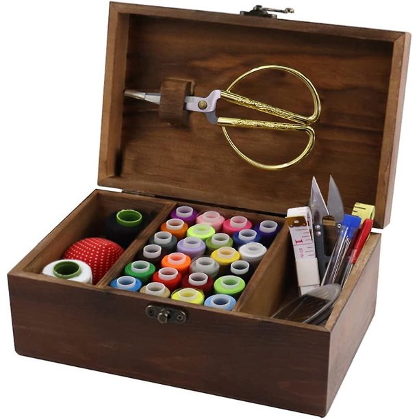 Cesta de caja de kit de costura, kit de herramientas de reparación de costura para el hogar de mano de madera, accesorios de kit de costura universal para principiantes para mujeres, hombres, adu