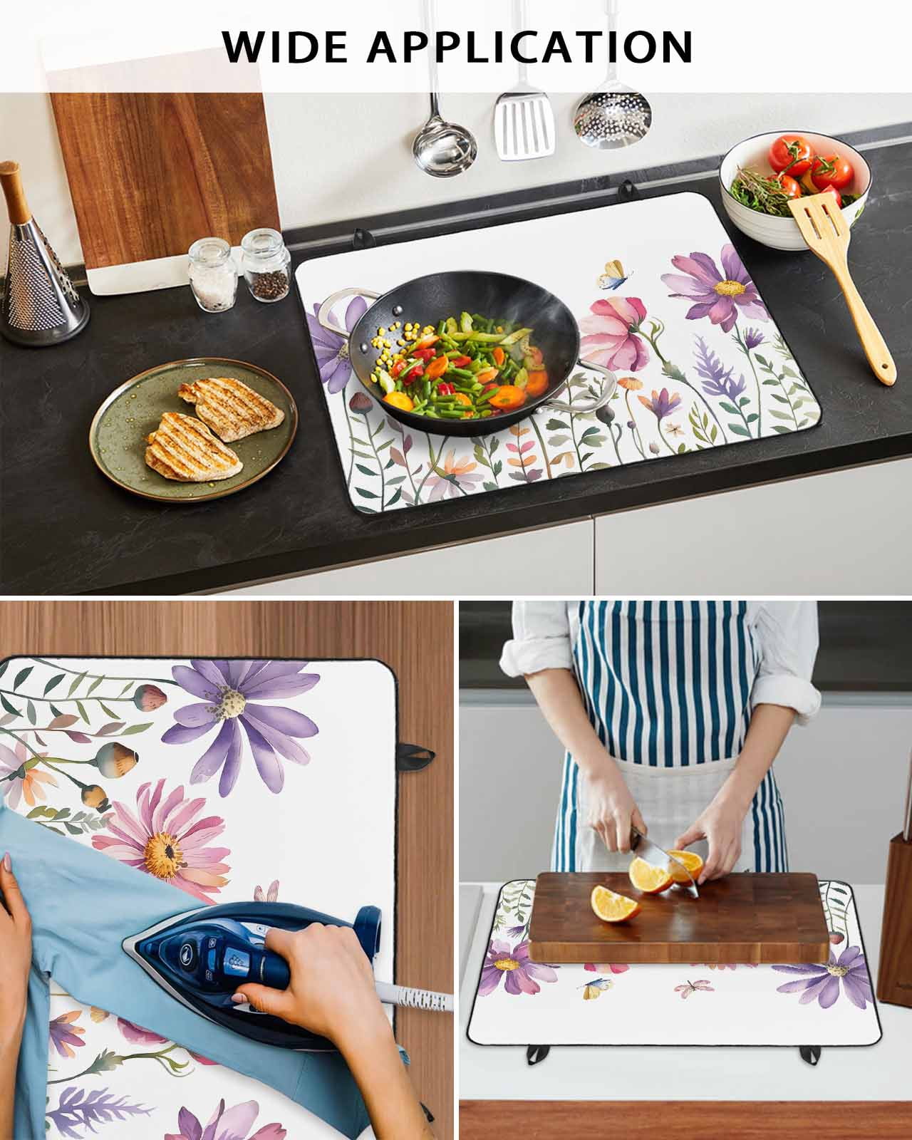 nqOlkjepod Large Induction Cooktop Protector Mat 36"x21", Watercolor Flowers Stove Top Covers for Electric Stove, Botanical Floral Herb Butterfly Stove Burner Cover Mats, Glass Top Stove Cover