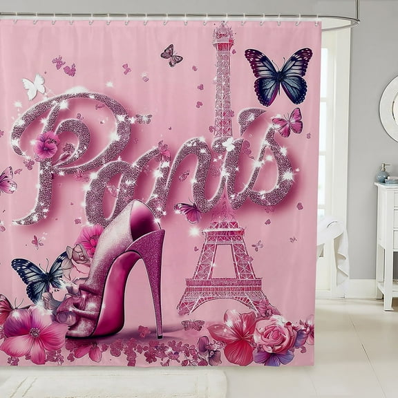 France Paris Style Shower Curtain Rose Purple High Heel Print Bath Curtain Romantic Themed Bathroom Decor Dreamy Glitter Waterproof Curtain Princess Bathroom Decor,72" W x 84" L