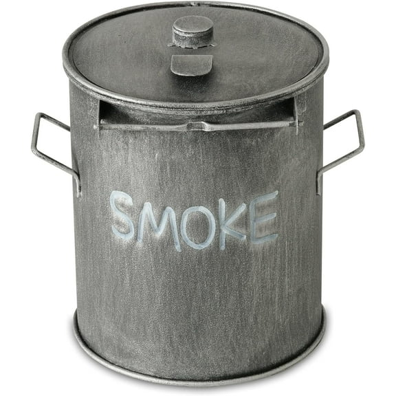 Smoke Outdoor Ashtray, Trashcan Style, Hinged Lid, Removable Interior Tray, 7 D x 7 H Inches, Lacquered Iron, Grey Finish, White Text