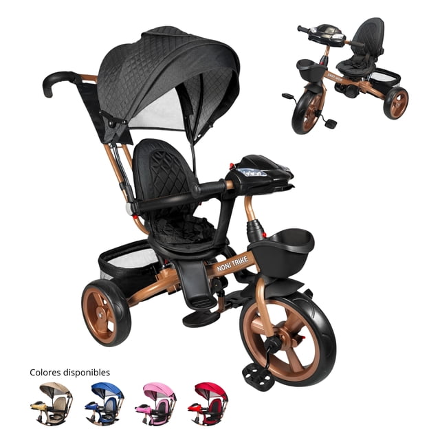 Triciclo Infantil Tipo Carriola con Bastón Ajustable Luz y Sonido-Negro