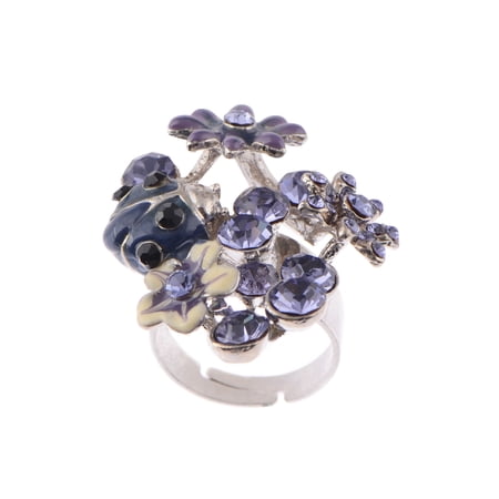 Alilang Womens Adjustable Silvery Tone Purple Rhinestones Spring Floral Flowers Ladybug Ring