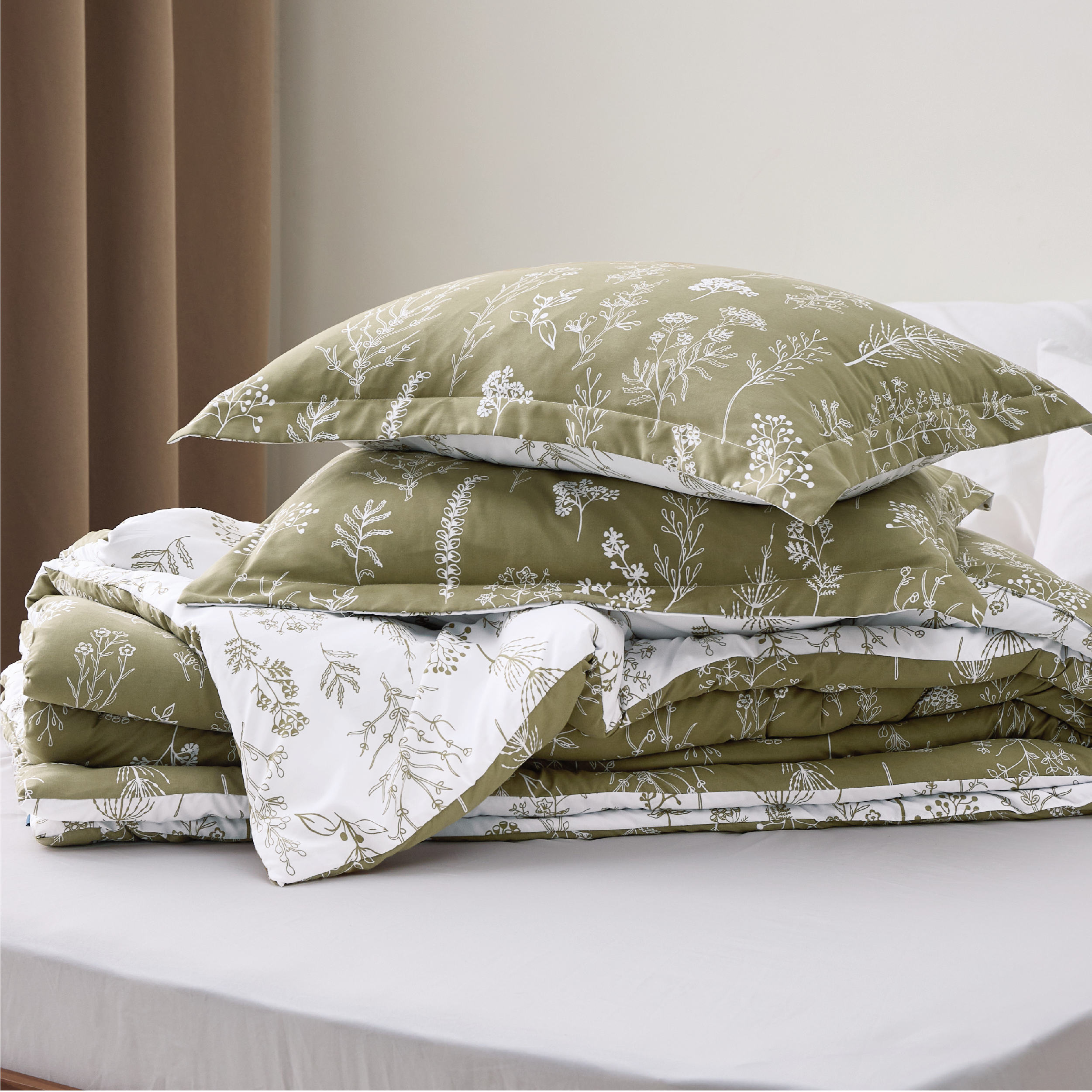 Cozy Comfort 3 Pieces Comforter Sets, 1 Soft Reversible Botanical Flowers Comforter and 2 Pillow Shams, Olive Green, Queen Size