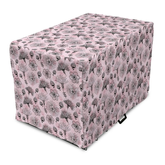 Floral Dog Crate Cover, Demonstration of Romantic Pattern with Lineart Flowers Scenery, Easy to Use Pet Kennel Cover Small Dogs Puppies Kittens, 7 Sizes, Pale Pink Charcoal Grey, by Ambesonne