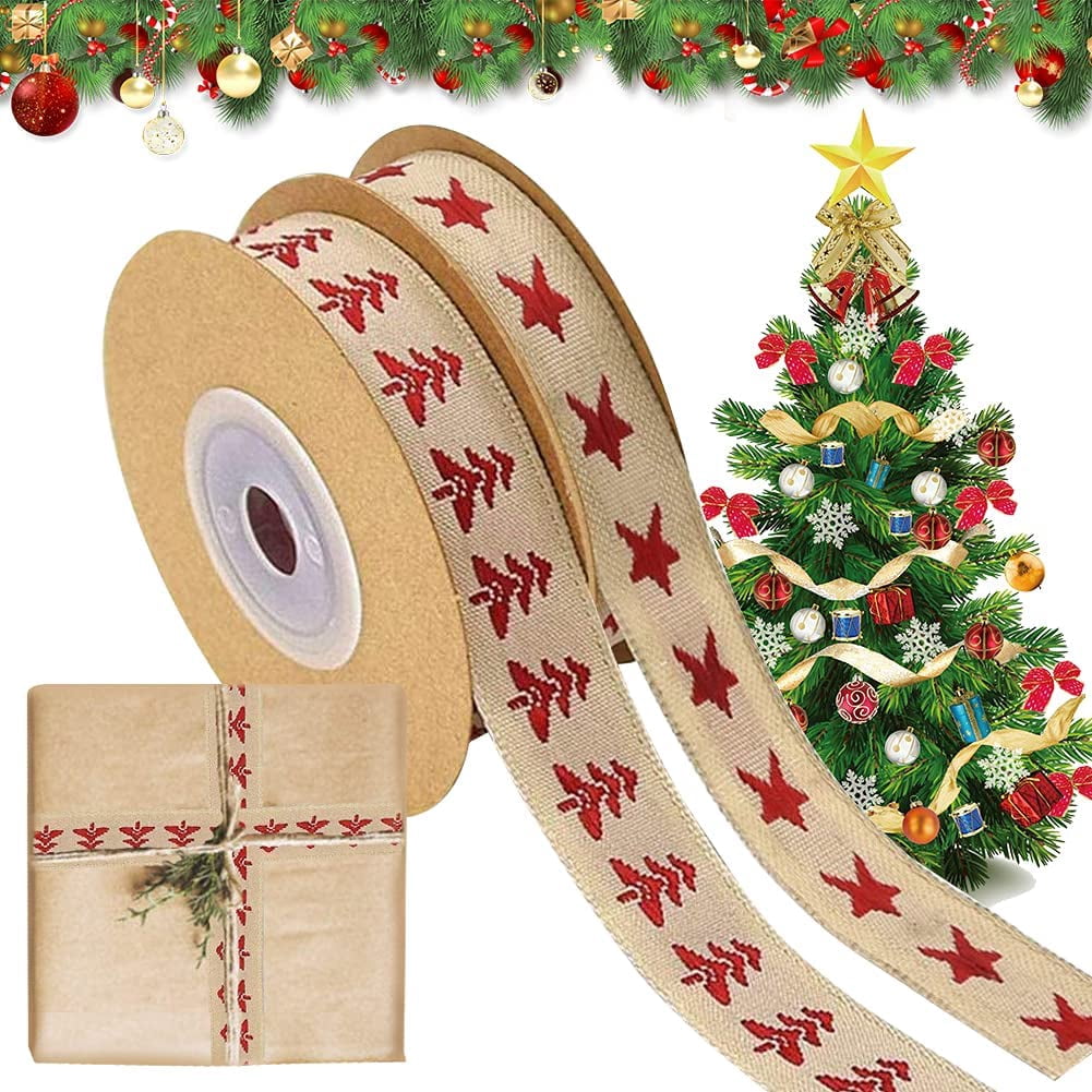 22 Mètres Ruban de Noël en Satin rubans imprimé avec arbre de Noël doré 22 Mètres Ruban de Noël en Satin rubans imprimé avec arbre de Noël doré