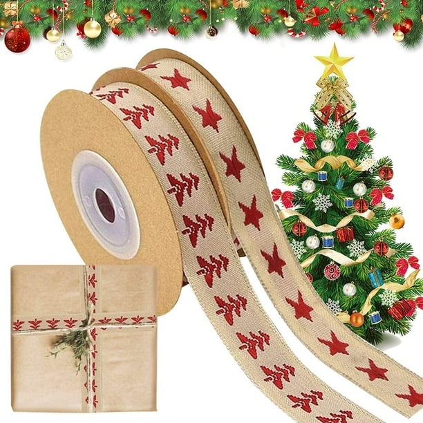Cinta navideña, 2 rollos, cinta marrón para envolver regalos de Navidad, cinta de algodón para manualidades, cintas con forma de estrella de árbol de Navidad, 9,2 m/10 yardas, cintas navideñas