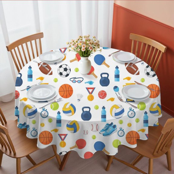 Football and Basketball White Pattern Round Tablecloth 70"x70", Wrinkle Resistant Wipeable Table Cover for Kitchen Dining Room Picnic Patio and Party