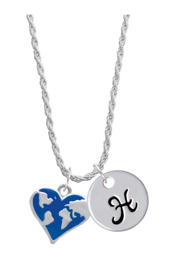 Silvertone Enamel Earth Heart Silvertone Script Initial Disc - H - Charm Necklace, 20"+3"