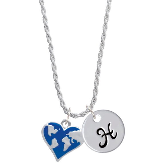Delight Jewelry Silvertone Enamel Earth Heart Silvertone Script Initial Disc - H - Charm Necklace, 20"+3"