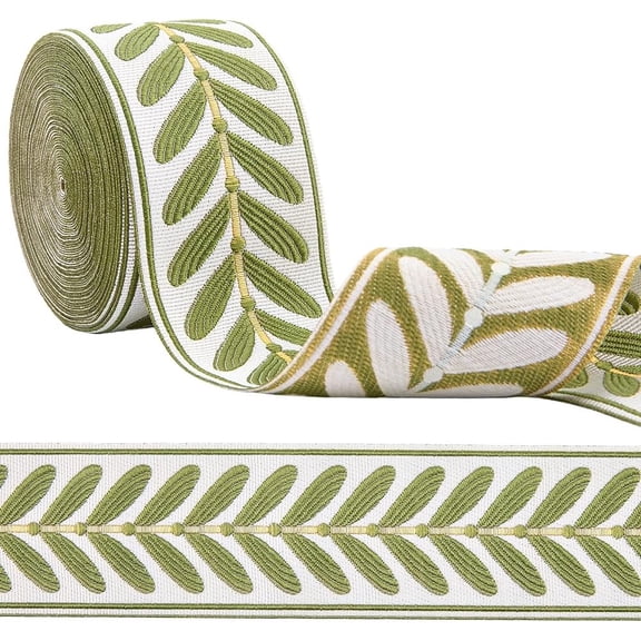 10.94 Yards Jacquard Embroidery Ribbon Trim 2.36 Inch Wide Leaf Woven Decorative Ribbons Green Polyester Ethnic Embroidered Fabric Lace Boho Fringe