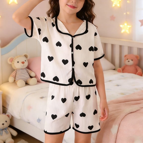 SGFCWSX Girls 2 Piece Outfits Kids Ribbed Knit Heart Print Short Sleeve Button Down Casual Clothing Sets Black Size 7-8 Years