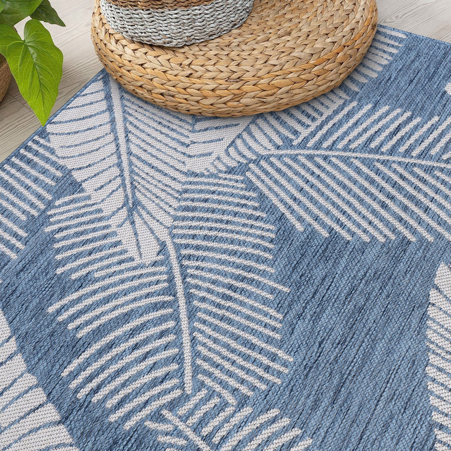 World Rug Gallery Distressed Palm Leaves Textured Flat Weave Indoor/Outdoor Area Rug - BLUE 5' X 7'