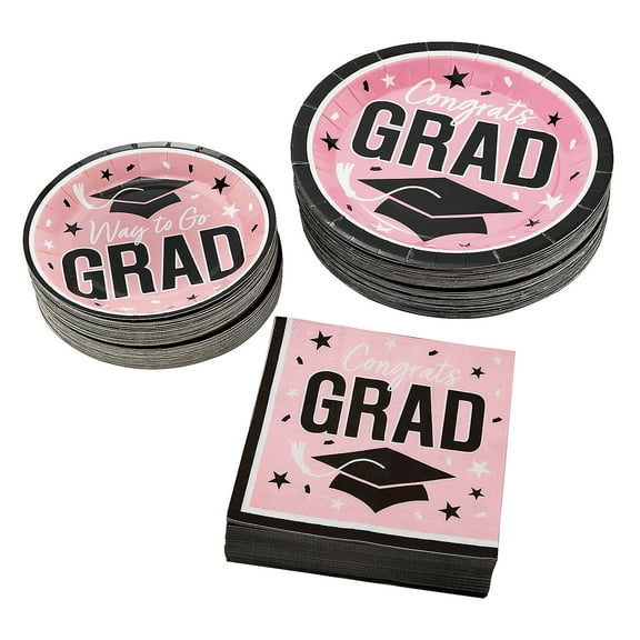 Fun Express Bulk 150 Count Pink Congrats Grad Graduation Party Disposable Tableware Kit for 50 Guests