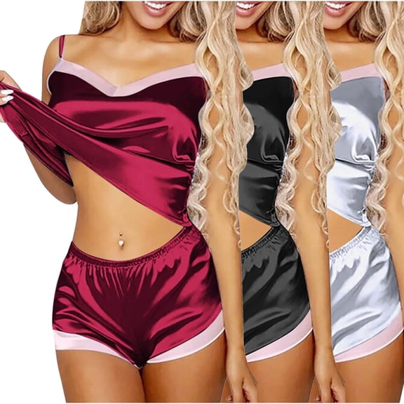 UAMVSH 3PC Womens Silk Satin Pajama Sets Color Block Sleeveless Cami Tops with Shorts Sleepwear Soft V Neck Pjs Loungewear Sets