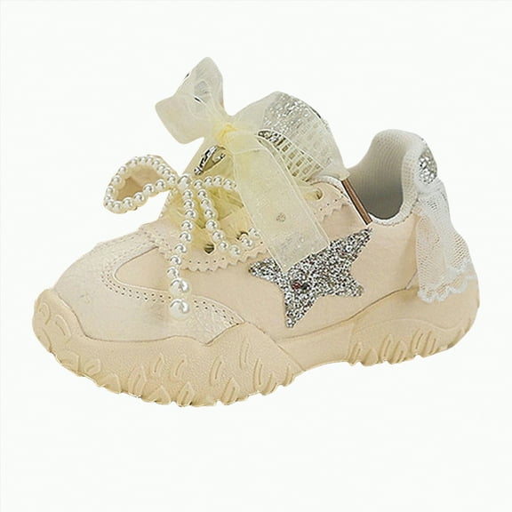 Gvdentm Kids Sneakers Fashion Platform Walking Tennis Shoe Sparkly Elastic Laces School Shoes for Girls(Beige,12.5)