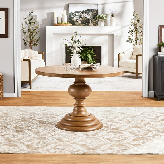 My Texas House Perry Round Dining Table with Warm Brown Finish and Pedestal Base