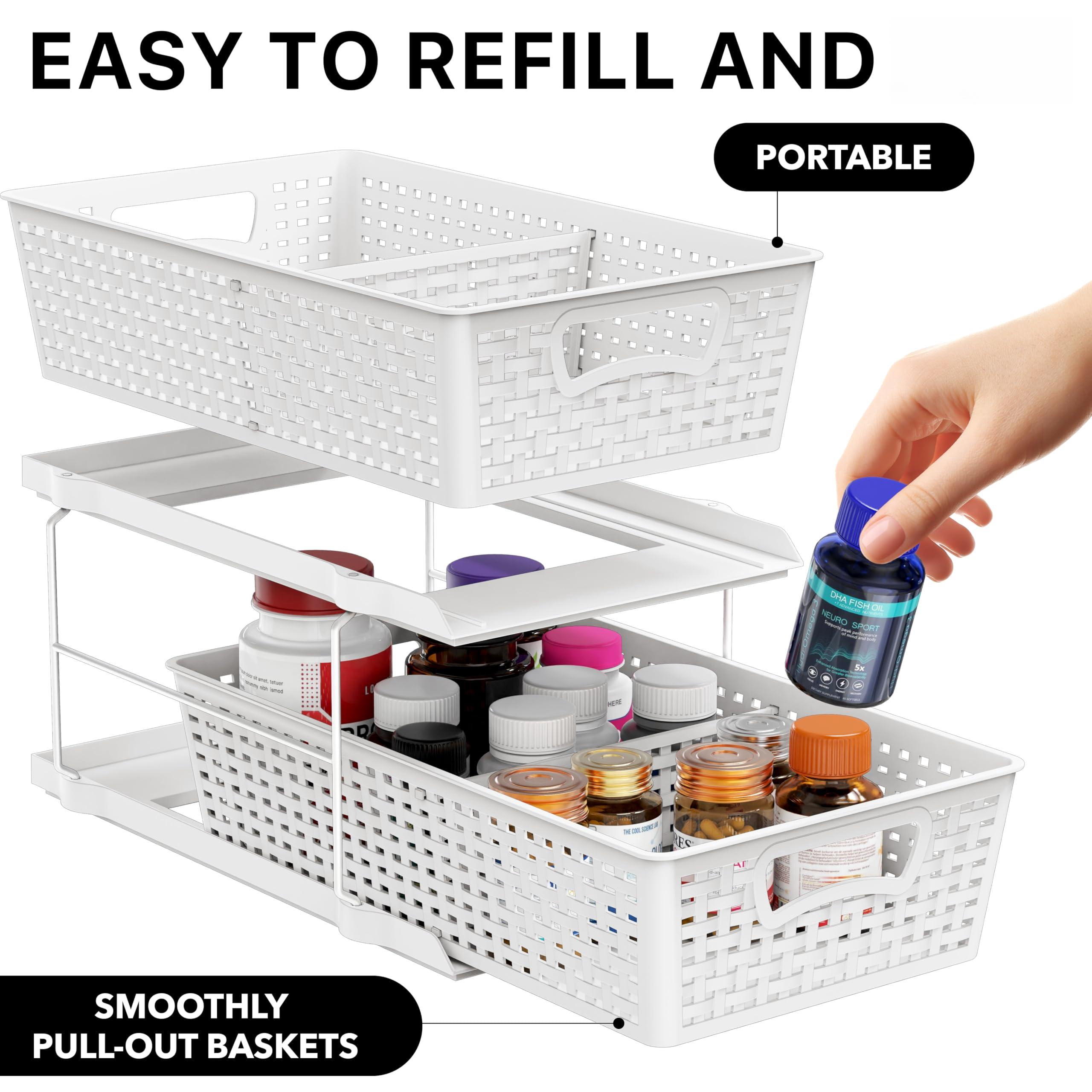 2 Tier Bathroom Organizer Tray Pull-out Sliding Drawer  Under Sink Storage White
