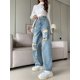 thumbnail image 2 of Pantalones vaqueros de mujer con agujeros deshilachados hasta los tobillos sueltos elegantes de verano para el tiempo libre, pierna ancha, cintura alta, Harajuku Y2K, pantalones retro de moda básicos, 2 of 6